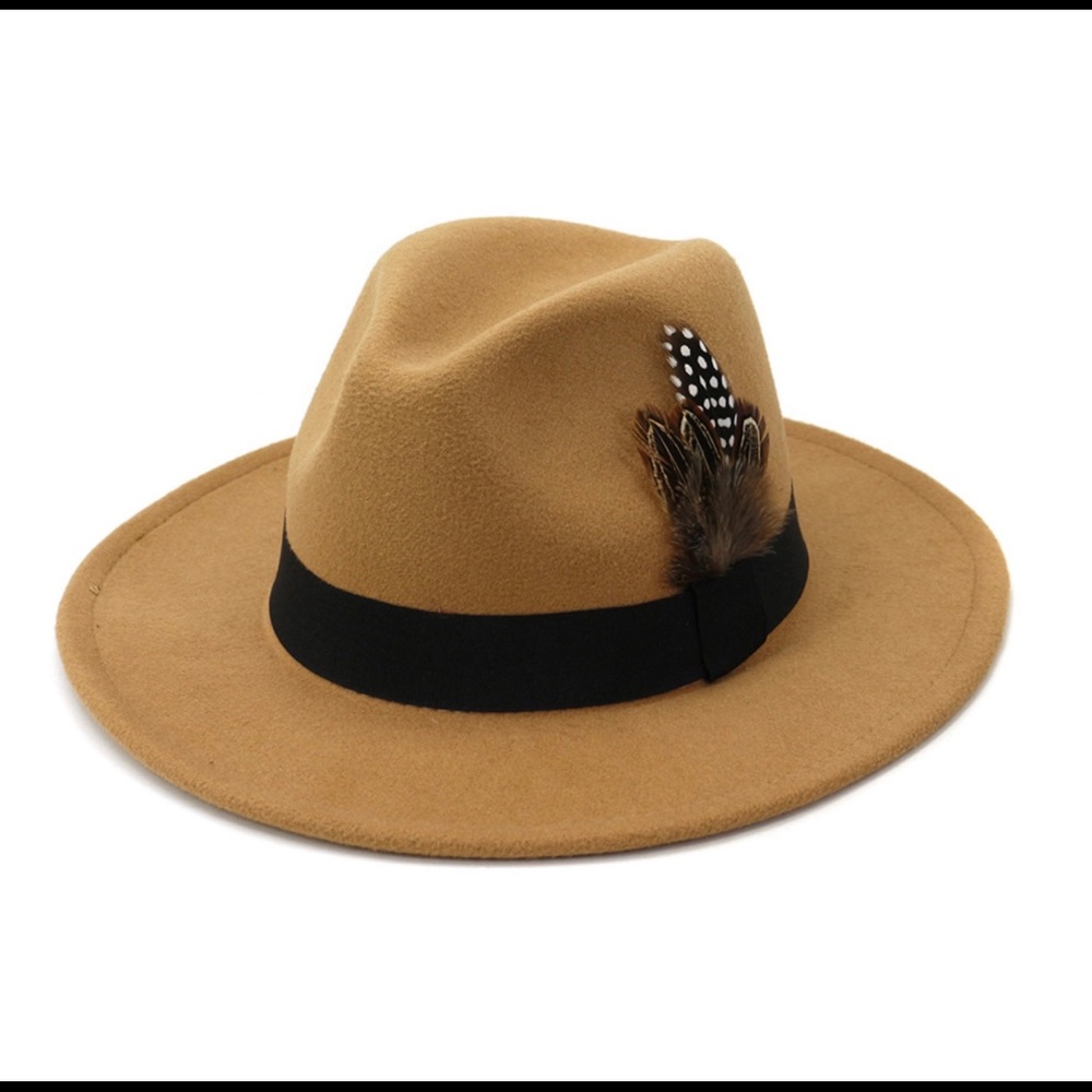 New Classic Unisex tan color Fedora with feather ribbon hat